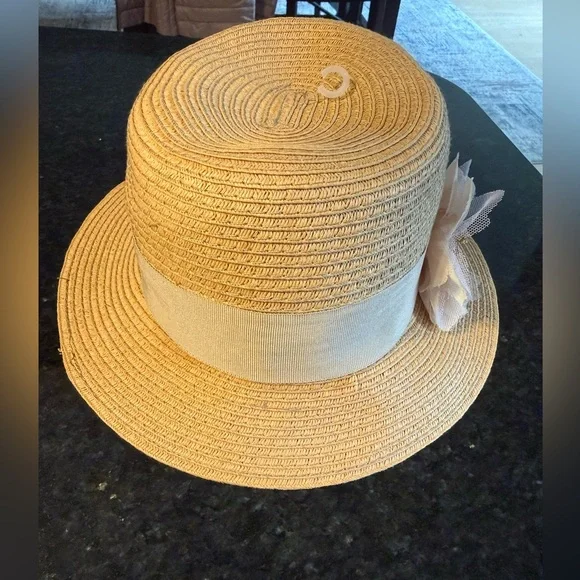 August Hat Company Straw Sun Hat with Beige Band and Floral Beaded Accent OS - Picture 4 of 10